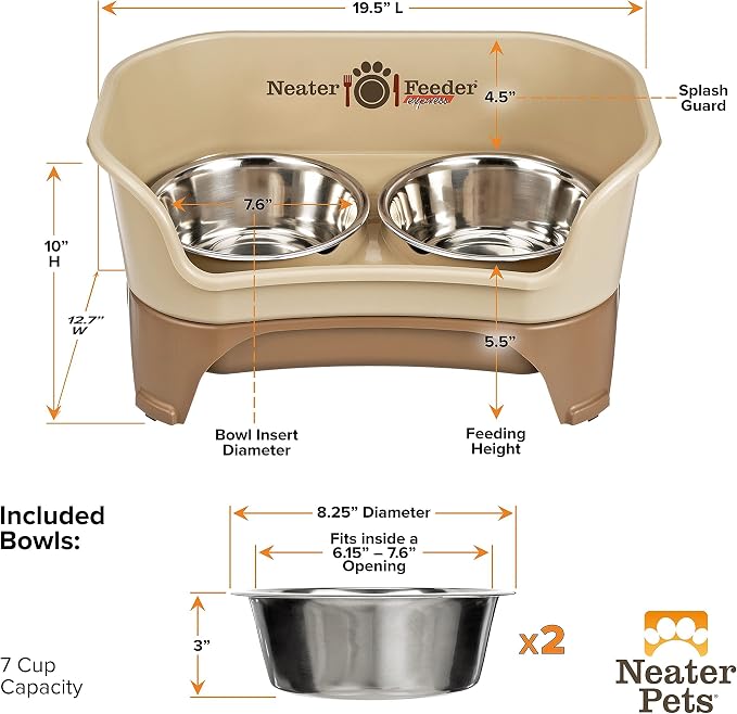 Neater Pets Neater Feeder Express Mess-Proof Slow Feed Bowl & Water Bowl with Neater Mat Waterproof Silicone Mat - Protect Floors from Food & Water, Cappuccino