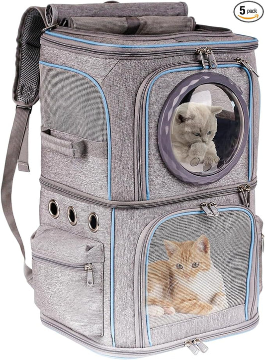 2-in-1 Pet Carrier Backpack for Two Cats or One Dog, Double-Layer 2 Compartment Carry Bag to Transport Small Animals Traveling and Hiking, Space Capsule Clear Bubble Dome