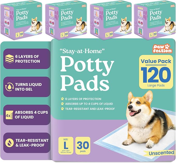 23.6" x 29.5" Unscented Puppy Pads – 6-Layer Absorbent Design – Holds up to 4 Cups of Liquid – Leak Proof & Tear Resistant for Indoor or Travel Crate Use – 120 Count Pee Pads for Dogs