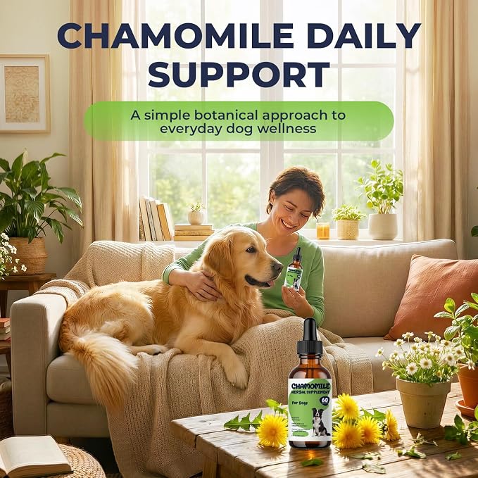 Chamomile for Dogs, Calming Drops for Dogs with Chamomile Extract, Supports Relaxed Behavior, Digestive Comfort & Daily Balance, Liquid Dog Supplement for Storms, Travel & Separation Stress, 2 fl oz