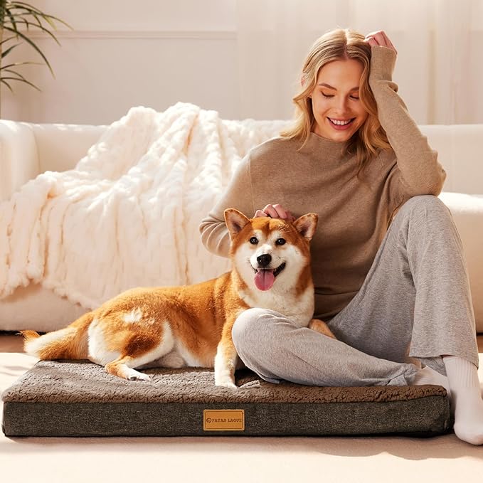 Patas Lague Orthopedic Dog Bed Large Sized Dog 36''X24'',Soft Waterproof Egg Crate Foam Medium Pet Crate Beds Mat with Removable Washable Cover and Non-Slip Bottom, Brown