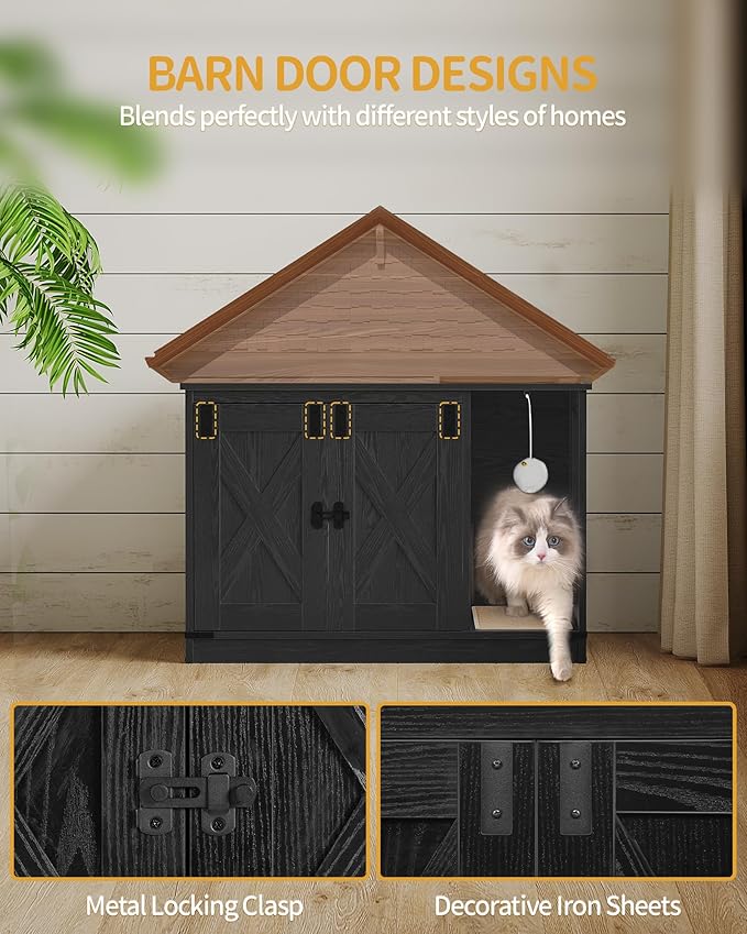 Hzuaneri Cat Litter Box Enclosure, Hidden Litter Box Cabinet Furniture with Bell, Indoor Cat House, Farmhouse Style, 31.5 x 19.7 x 20.9Inches, for Hallway, Bedroom, Black CB82404X