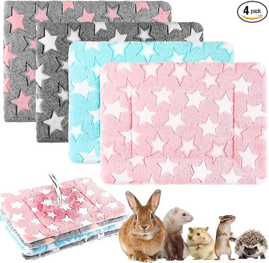 Haull 4 Pcs Waterproof Guinea Pig Bedding Soft Dog Cat Bed Crate Mat Small Animal Plush Cage Liners Rabbit Bunny Kennel Pad Reversible Cozy Pee Thickened Hamster Pad(Cute Star,13 x 10 Inch)