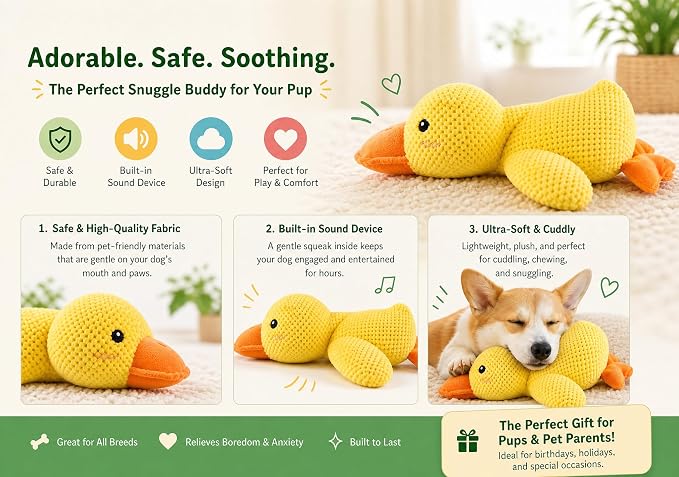 Paw-FECT Piece Plush Calming Duck Dog Toy, with Quacking Sound, Emotional Support Soft Chew Toy, Great for All Breed of Dogs