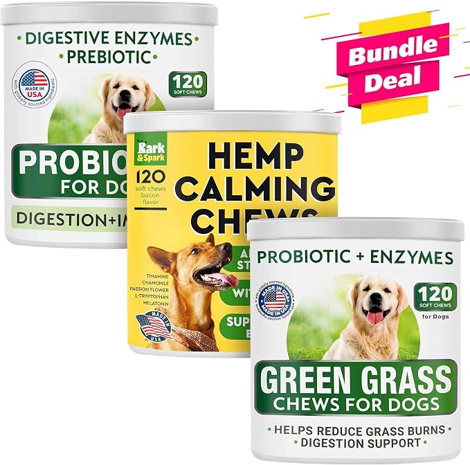 Dog Probiotics Chews + Calming Hemp Treats + All-Natural Grass Treatment - Gas, Diarrhea, Allergy, Constipation, Upset Stomach Relief + Anxiety Relief - Separation Aid + Grass Saver Pee Lawn Repair