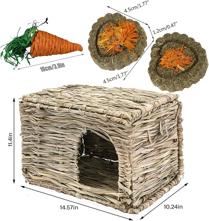 kathson 2 Pcs Large Rabbit Grass House Natural Foldable Hand Woven Seagrass Bed Carrot Hay Toy Hut Safe Comfortable Playhouse with 6 PCS Bunny Chew Toys for Bunny Hamster Guinea Pig Chinchilla Ferret
