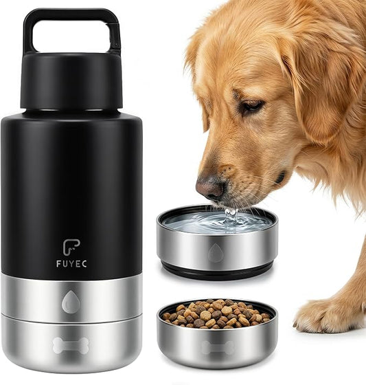 Dog Water Bottle 32oz, Insulated Stainless Steel Travel Water Dispenser with 2 Detachable Dog Bowls for Food and Water, Leak Proof Portable Pet Drinking Cup for Walking Hiking Camping