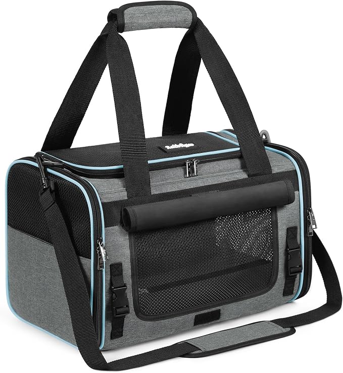 rabbitgoo Cat Carrier Soft, Pet Bag with Rollable Flap for Anxious Kittens, Travel Safe for Car Airline, Collapsible Portable Carrying for Small to Medium Cats, Grey, 17" L x 11" W x 11" H
