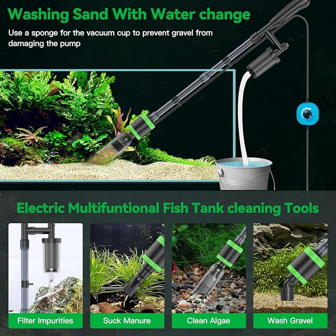 32W Electric Aquarium Vacuum Gravel Cleaner - Strong Suction, Automatic Water Change, Algae Remover, Sand Wash, Water Shower, Water Circulation & Timed Off (32W)
