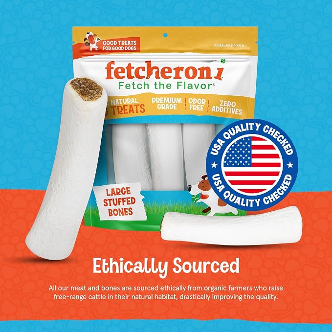 Dog Treats - Stuffed Shin Bones, Dental Chews for Dogs, Long Lasting Dog Bones, High Protein Chews with Bacon & Cheese Flavor for Small Medium and Large Dogs, Natural - 6.4 oz (Pack of 5)