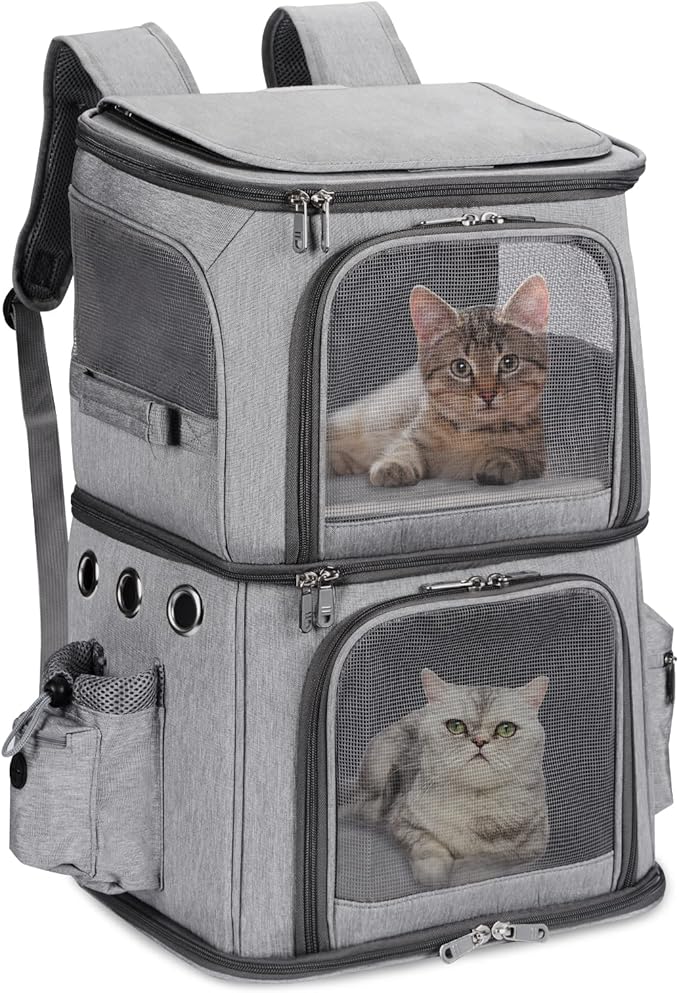 HOVONO Double-Compartment Pet Carrier Backpack for Small Cats and Dogs, Cat Travel Carrier for 2 Cats, Perfect for Traveling/Hiking/Camping, Grey