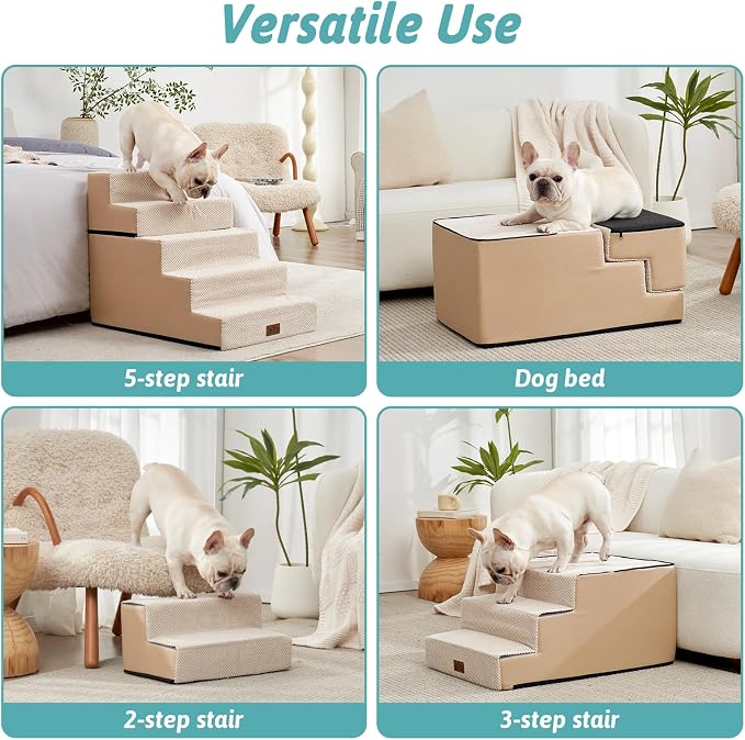 COZY KISS Dog Stairs for Small Dogs, 5 Tier Removable Wider Pet Stairs for Couch and Bed, 23.6" H Non-Slip Dog Steps for Puppies and Old Cats with Support Board, 19.7x29.5x23.6 inch, Beige