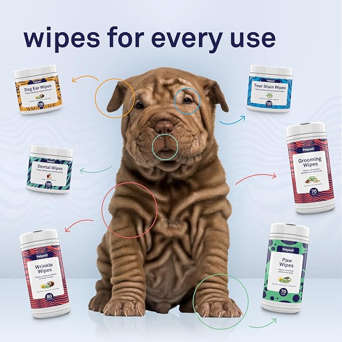 Petpost Wrinkle Wipes for Dogs | 100 Count Dog Face & Wrinkle Cleaner | Gentle Pet Wipes with Coconut Oil for Bulldogs, Pugs & Wrinkly Breeds | Dog Cleaning & Deodorizing Wipes