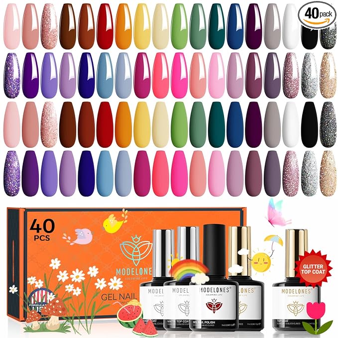 modelones 40 Pcs Gel Nail Polish Set, 36 Colors Mothersday Red Nude Brown Yellow Pink White Black Gel Nail Polish Kit Purple Blue Nail Art with Base Coat& Matte Glitter Glossy Top Coat DIY LED Gift
