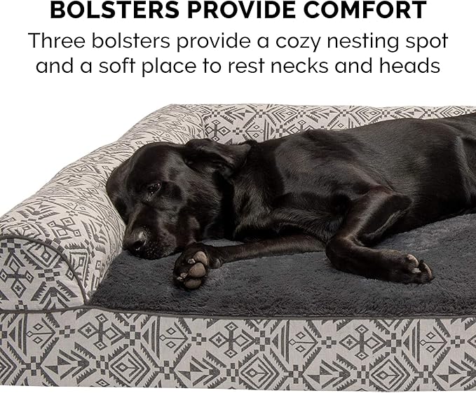 Furhaven Cooling Gel Dog Bed for Medium/Small Dogs w/ Removable Bolsters & Washable Cover, For Dogs Up to 35 lbs - Plush & Southwest Kilim Woven Decor Sofa - Boulder Gray, Medium