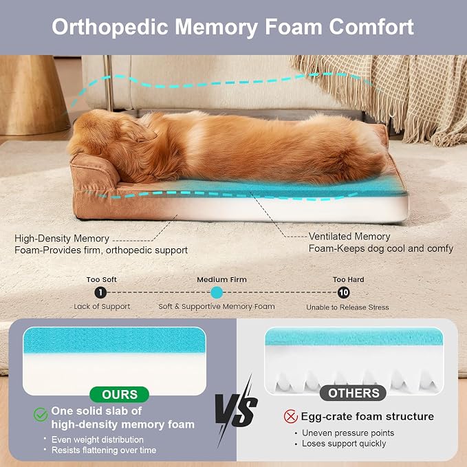 Rainmr Orthopedic Dog Bed for Large Dogs, 36"x27"x6" Memory Foam Pet Bed with Washable Microsuede Cover, TPU Waterproof Liner & Nonskid Bottom, for Indoor, Outdoor, Crate ＆ Car Use, Khaki