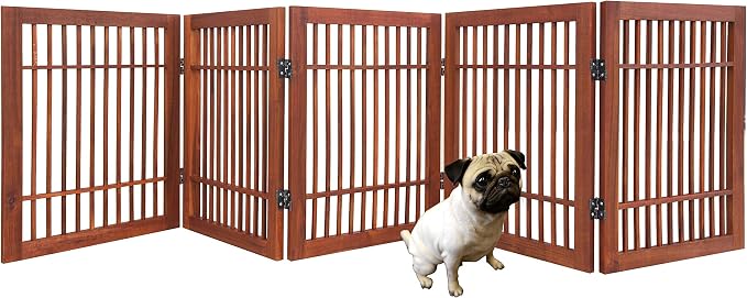 Urnporium Freestanding Wooden Dog Gate Foldable Indoor Pet Gate No Drill Expandable Barrier for Doorways Stairs Hallways Portable Wood Fence for Small Dogs & Puppies (Brown Pet Gate, 5 Panel 24" Tall)