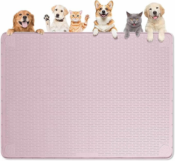 Dog Food Mat, Extra Large 50" x 35" Silicone Pet Feeding Mat with Raised Edge Pet Placemat for Small, Medium, and Large Pets Non-Slip, Easy to Clean (Pink)