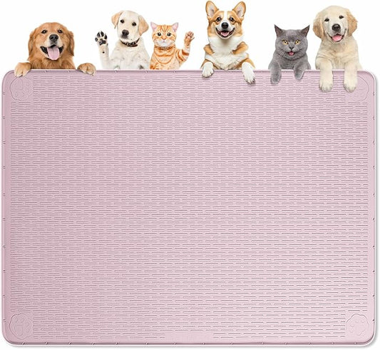 Dog Food Mat, Extra Large 50" x 35" Silicone Pet Feeding Mat with Raised Edge Pet Placemat for Small, Medium, and Large Pets Non-Slip, Easy to Clean (Pink)