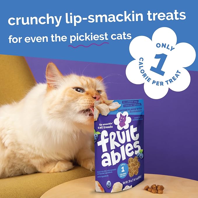 Fruitables Cat Treats, Healthy Treats For Cats, Low Calorie and Packed with Protein, Crunchy Biscuits, No Wheat, Corn or Soy, Made with Real Chicken and Blueberry, 2.5oz