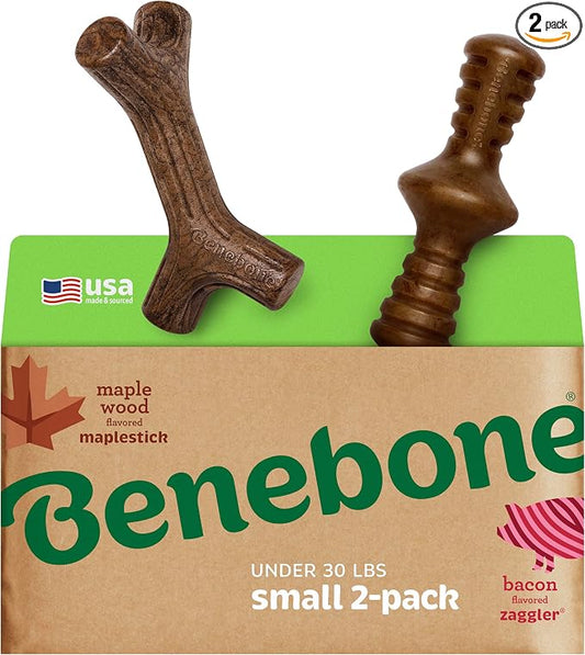 Benebone 2-Pack Maplestick/Zaggler Durable Dog Chew Toys, Real Maplewood, Real Bacon, Made in USA Small