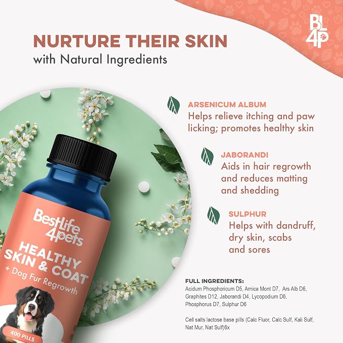 Natural Dog Skin and Coat Supplement – Gentle Itch Relief with Dry Skin, Rash, or Allergy Symptoms – Dog Shedding Supplement for Promoting Hair Regrowth – 400 Tiny Odorless Pills