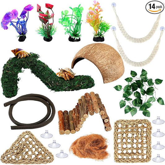 14 Pcs Hermit Crab Accessories Natural Hermit Crab Habitat Toy Artificial Moss and Plants Suction Cups for Lizard Chameleon Leopard Gecko Reptile Amphibians Tank Decoration (Rainforest Style)