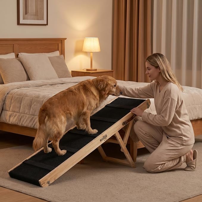 Wooden Dog Ramp for Bed and Couch, 4 Adjustable Heights Folding Pet Ramp with High Traction Fabric Surface, Portable Solid Pine Wood Dog Steps for Couch, Max 45KG (Large)