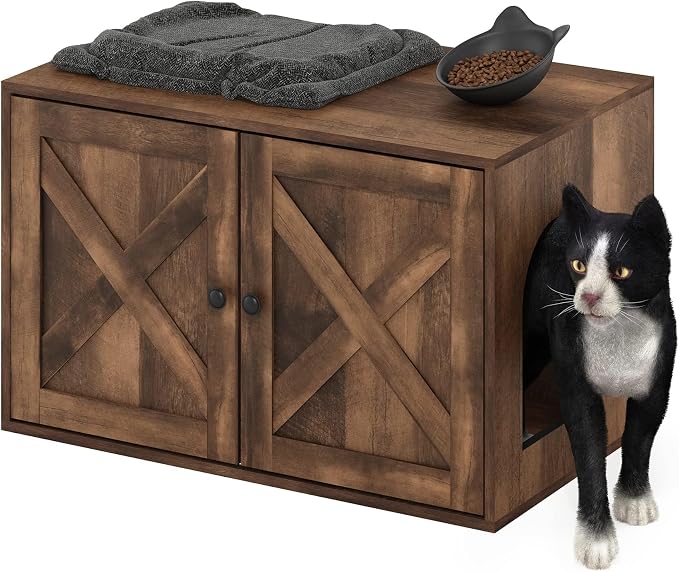 Furinno Peli Farmhouse Cat Litter Box Enclosure, Rustic Brown