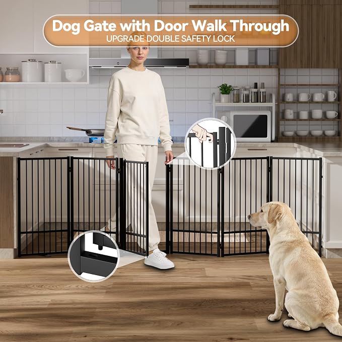 SNUOWU Full Metal Freestanding Dog Gate with Door, 36''Height Foldable Pet Dog Fence for Indoor & Outdoor, 6 Panels Extra Wide Free Standing TallDog Gates for Doorways,House,Stairs,Porch,Deck,Yard