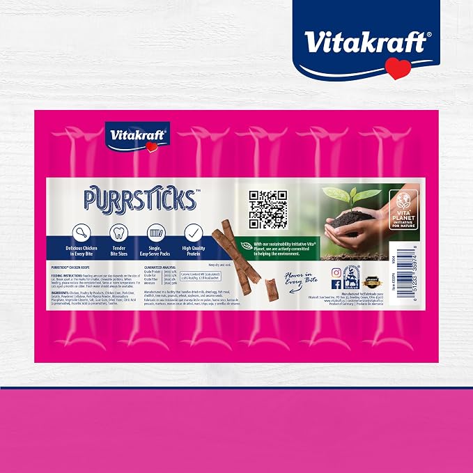 Vitakraft PurrSticks Meaty Cat Sticks - Chicken - Segmented and Breakable Meatstick - Deliciously Tender, 6 Count (Pack of 1)