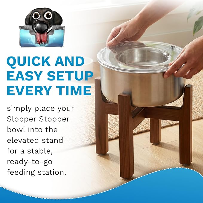 Slopper Stopper Elevated Single Wooden Dog Bowl Stand – Easy Assembly with 1 Bolt and Adjustable Feet, Made from New Zealand Pine Finish, Fits Slopper Stopper 1-Gal Bowls, The Original Slobber Stopper
