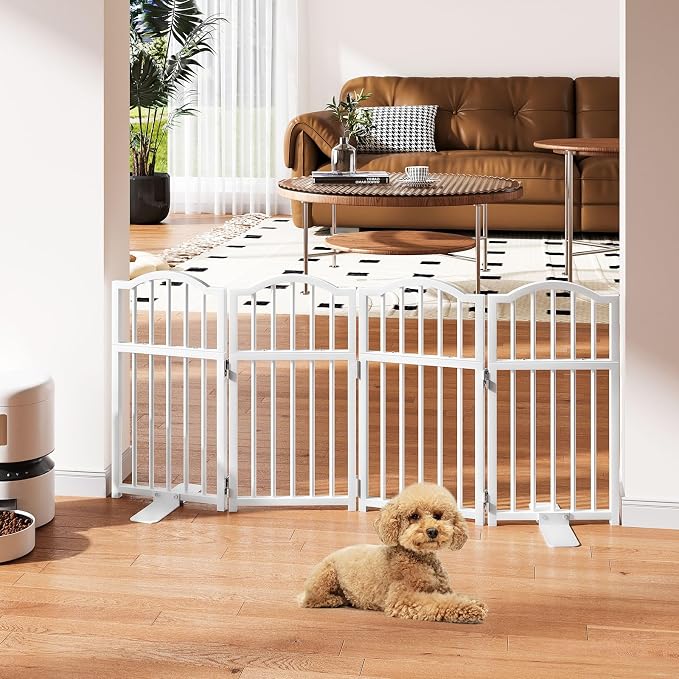 Snughome Dog Gate Indoor, 23.62" H Freestanding Short Dog Door Gates with Support Feet, Expands Up to 48’’ Wide Foldable Pet Gates for Doorways, 4 Panel Folding Pet Door Pet Fence for Puppy, White