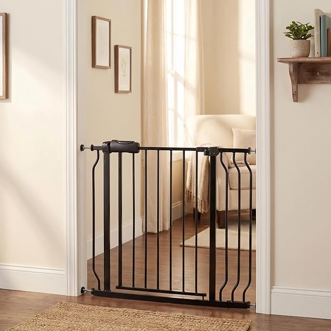 Baby Gate for Stairs 34-38.5" Dog Gate for Doorways, Walk Thru Auto Close Metal Baby Safety Gate for The House, Stairs and Doorways, Child Gate Pressure Mounted, Pet Gate for Dog Indoor - Black