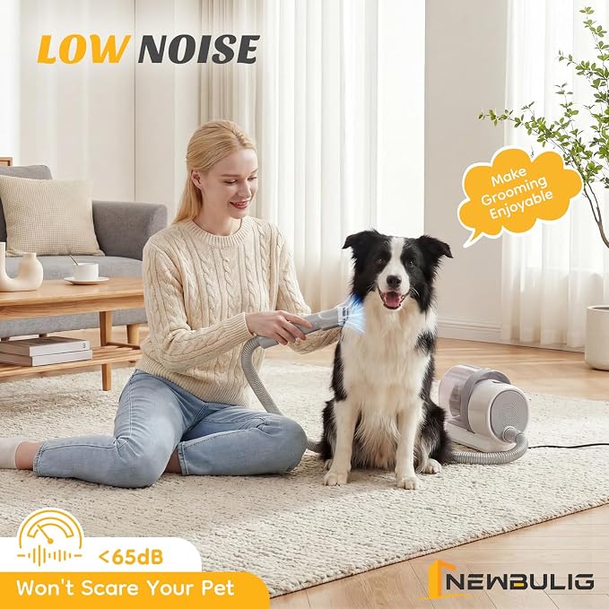 NEWBULIG Pet Grooming Vacuum Kit, 2.5L Dust Cup, 3 Suction Modes and 5 Groomer Tools, Dog Clippers with Cordless Low Noise for Cats, Dogs Other Animals Hair Trimmer
