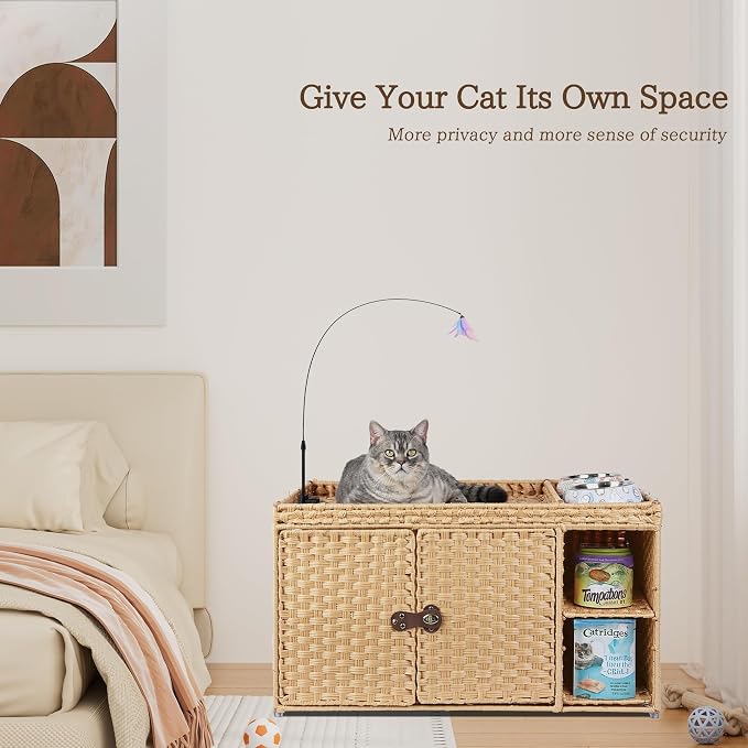 Aesthetic Cat Litter Box Enclosure, Handwoven Rattan Hidden Litter Box Furniture with Extra Mat and Fence, Large Space Litter Box Cover with Divider for Bedroom Living Room Balcony, Yellow