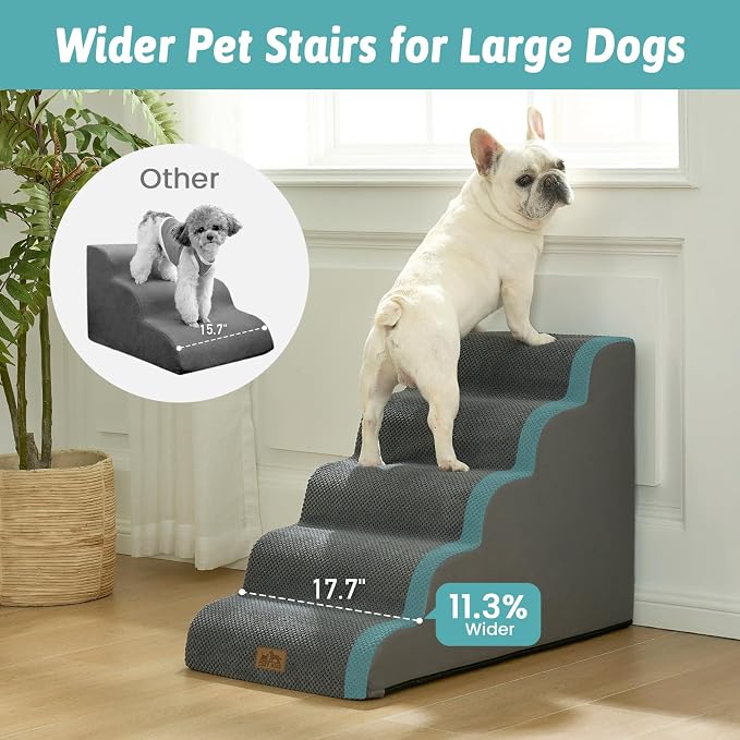 COZY KISS Wide Dog Stairs for Small Dog 22.6" H, Curved Pet Step for Puppy, Older Cat, Curved Ramp for High Bed or Car, Ladder with High Density Foam, Durable, 5 Step, 17.7x33x22.6 inch, Dark Grey