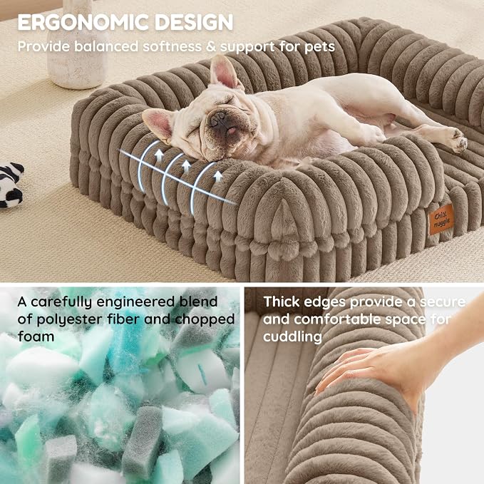 ChiXnuggle Rectangular Orthopedic Dog Bed for Medium Dogs, Waterproof Washable Faux Rabbit Fur Dog Couch with Egg Crate Foam Support, Bolster Pet Sofa with Non-Slip Bottom, 30x24x7, Taupe