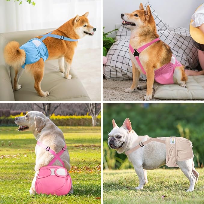 Idepet Female Dog Diapers with Suspender Detachable, 3 Pack Washable Reusable Girl Doggie Diapers for Small Medium Female Dog in Heat Period Cycle Urinary Incontinence Training M