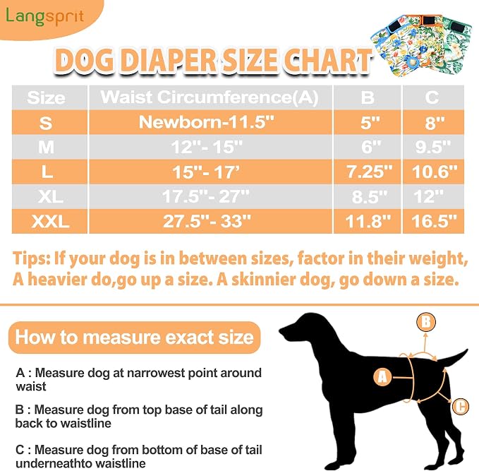 Langsprit Washable Female Dog Diapers (3 Pack) - No Leak Reusable Diapers for Doggy Female in Period - Highly Absorbent Dog Heat Panties with Adjustable Snaps (Floral, XX-Large)