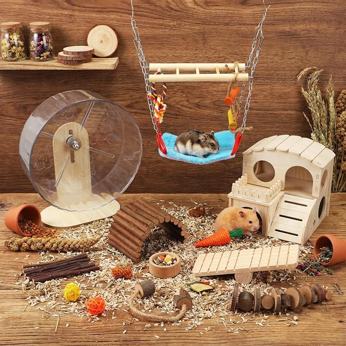 11 Pcs Hamster Cage Accessories Set, Bridge, Exercise Wheel, Swing, Chew Toys & More, Natural Wood Hamster Play Set for Dwarf Hamsters, Mice Small Animals Habitat(Wooden Hawaii House)
