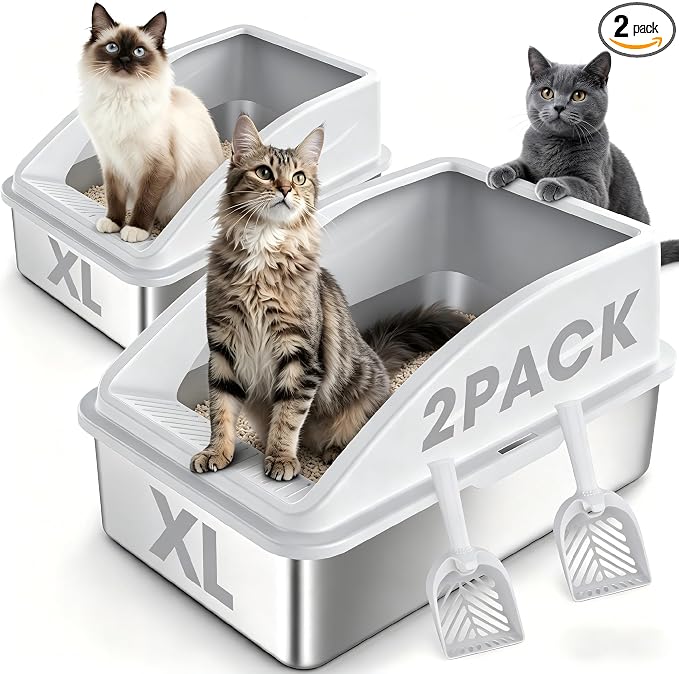 2 Pack Stainless Steel Litter Box | XL Enclosed Cat Litter Boxes with Lid for Big Cats and Multi-Cats | High Sided, Anti-Urine Leakage | Non-Stick Bottom（Ivory White）