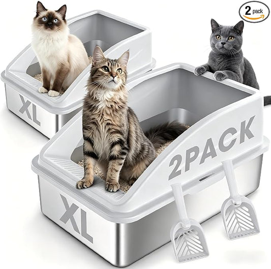 2 Pack Stainless Steel Litter Box | XL Enclosed Cat Litter Boxes with Lid for Big Cats and Multi-Cats | High Sided, Anti-Urine Leakage | Non-Stick Bottom（Ivory White）