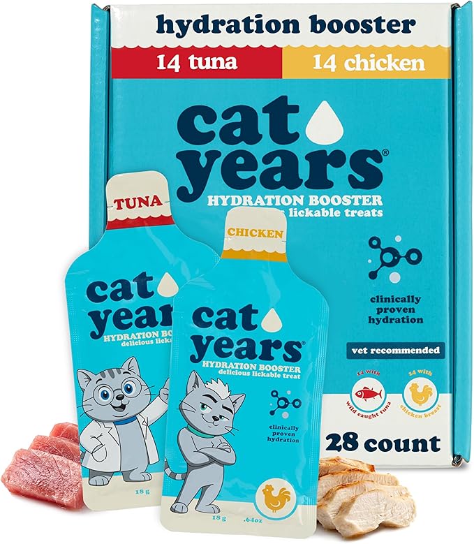 Cat Years Daily Lickable Cat Treat, Squeezable Hydration Booster, Supplement for Cats (Chicken & Tuna (Pack of 28))