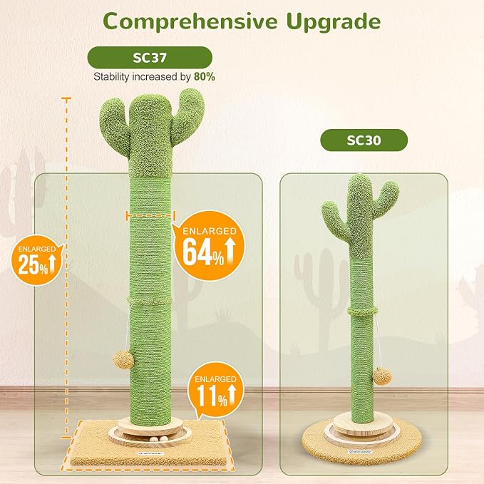 Globlazer Extra Thick Scratching Posts for Indoor Large Cats Adults, 37inch Cactus Cat Scratching Post Cat Scratcher Cute Sisal Scratching Post with Modern Wooden Ball Tracking Interactive Toys, SC37