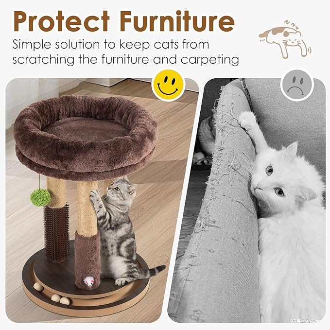 22 Inch Heavy-Duty Cat Scratching Post with Cozy Plush Bed, 3 Sisal Scratching Posts, Interactive Cat Scratcher with Grooming Brush, Hanging Pom-Pom, Track Balls & Mouse Toy for Indoor Cats