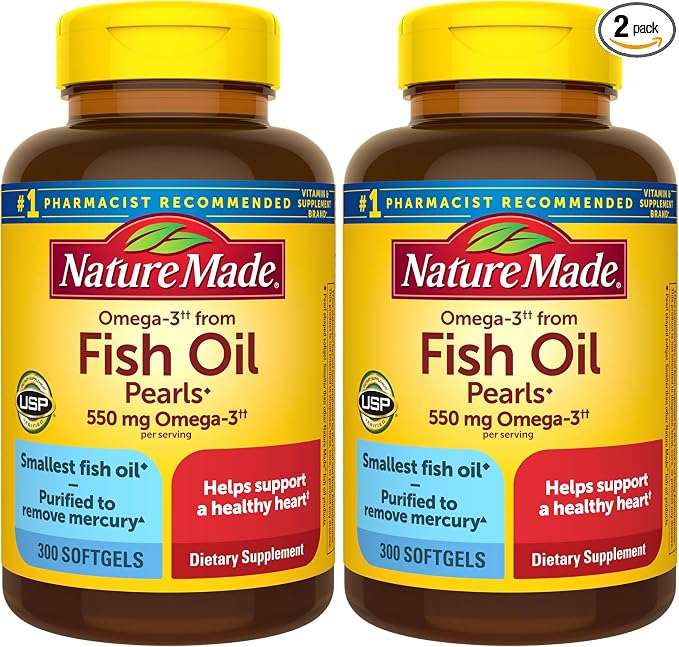 Nature Made Omega 3 Fish Oil Supplements,550mg Per Serving,Fish Oil Omega 3 Supplements as Ethyl Esters for Healthy Heart Support,300 Softgels,100 Day Supply,(Pack of 2)