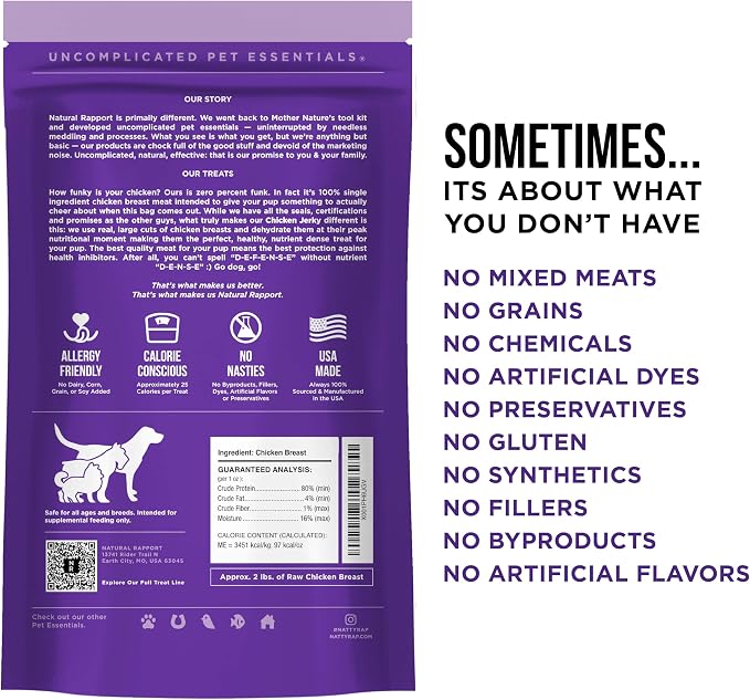 Natural Rapport Chicken Jerky Dog Treats - Single Ingredient Chicken Breast, 80% Protein, Training Treats for Small & Large Dogs (8 oz) (35+ Treats)