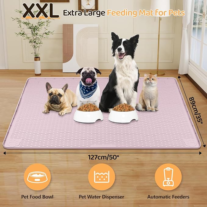 Dog Food Mat, Extra Large 50" x 35" Silicone Pet Feeding Mat with Raised Edge Pet Placemat for Small, Medium, and Large Pets Non-Slip, Easy to Clean (Pink)