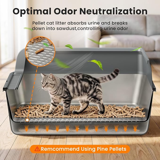 All Stainless Steel Sifting Litter Box with Lid,XL Extra Large Metal Sifting Cat Litter Box for Pine Pellets,High Sides Sifter Litter Pan System for Big Cats,Odor Control,Sifting Box Liners and Scoop